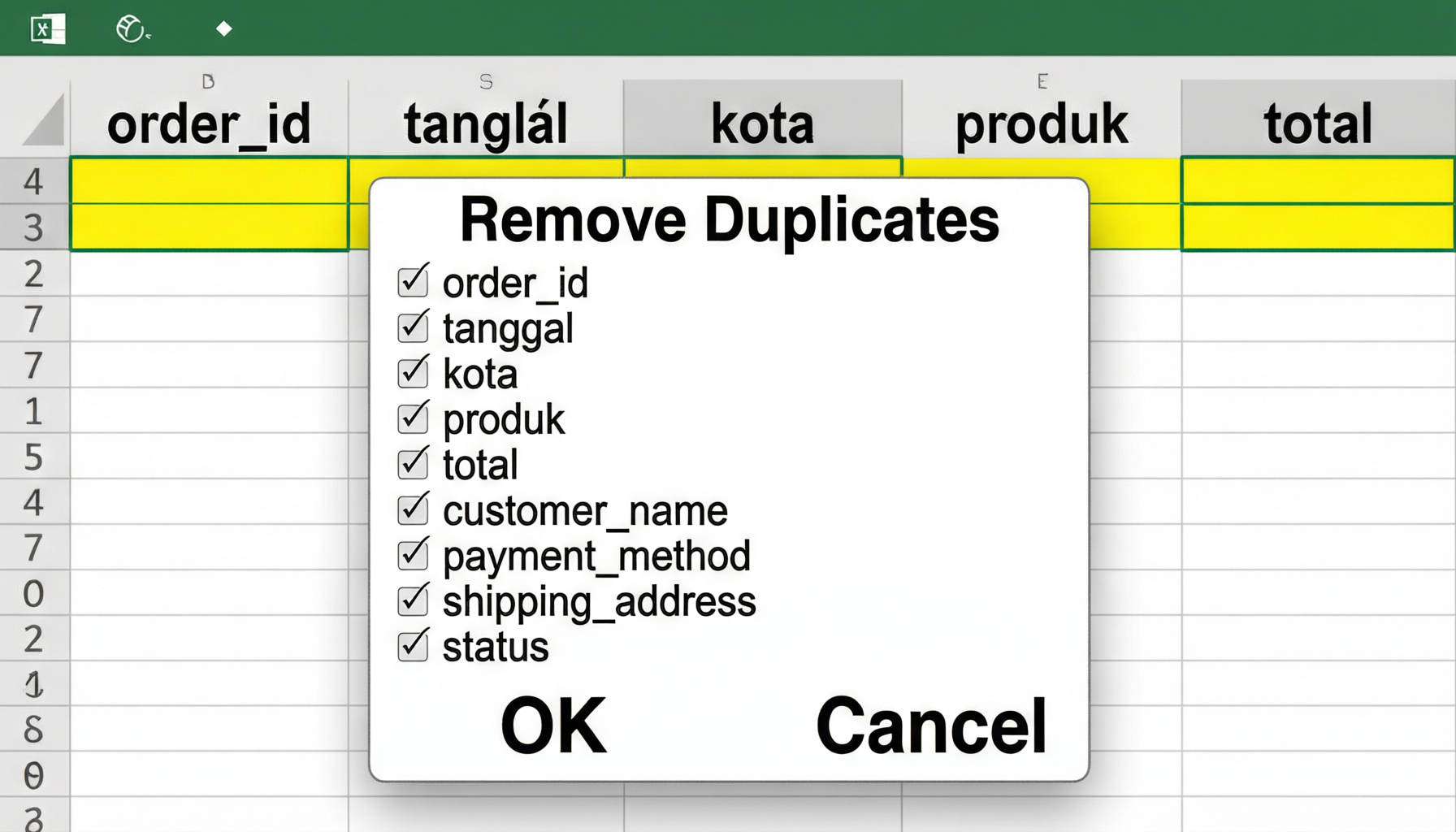 Ilustrasi langkah Remove Duplicates di Excel